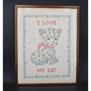 Vintage Handmade Framed Love My Cat Cross Stitch Blue Pink Green